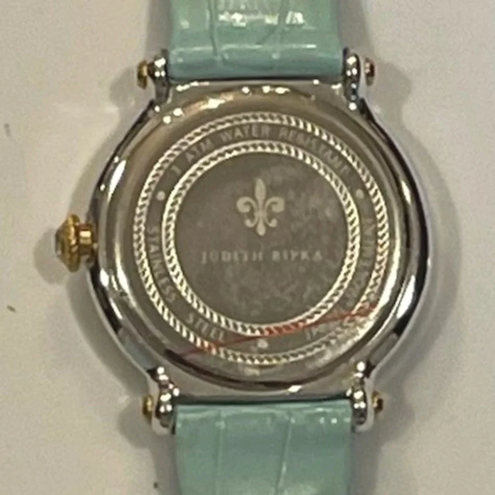Judith Ripka Turquoise Dial Gold Tone Rope Bezel Croco Leather Strap Watch